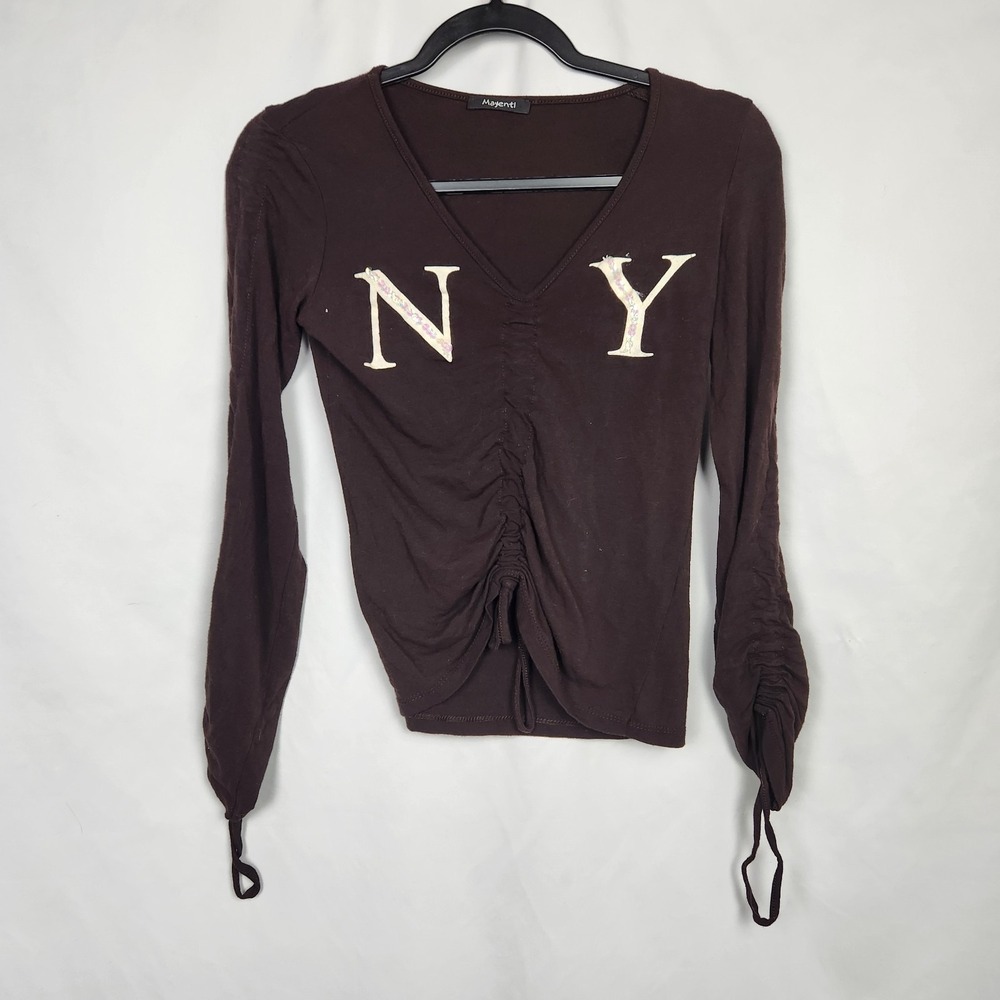 Womens NY Brown Long Sleeve Ruched Front and  Sleeves ‎ Crop Top Size Small